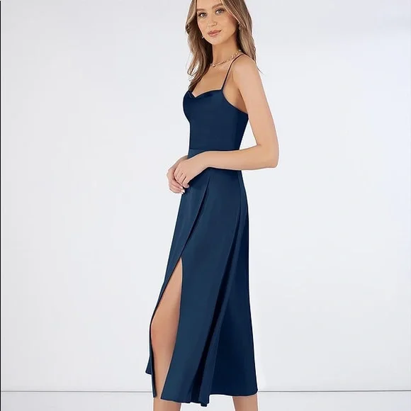 Azazie Navy Elma Stretch Satin Dress - Picture 1 of 6